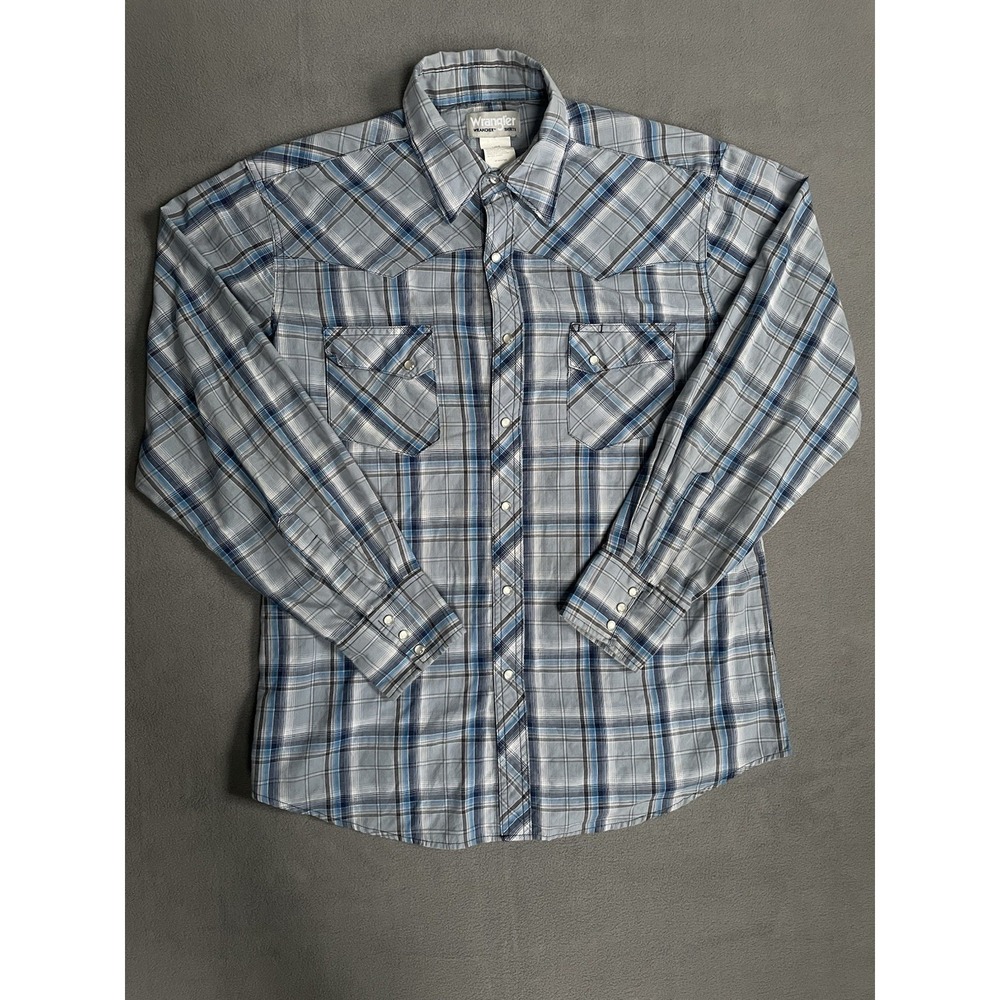 Wrangler Wrancher Shirt Men Short Sleeve Western Blue Plaid Pearl Snaps Lrg